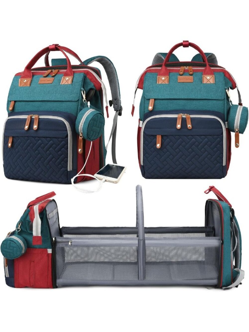 Stylish Waterproof Diaper Bag Backpack with Changing Station & USB Port - Large